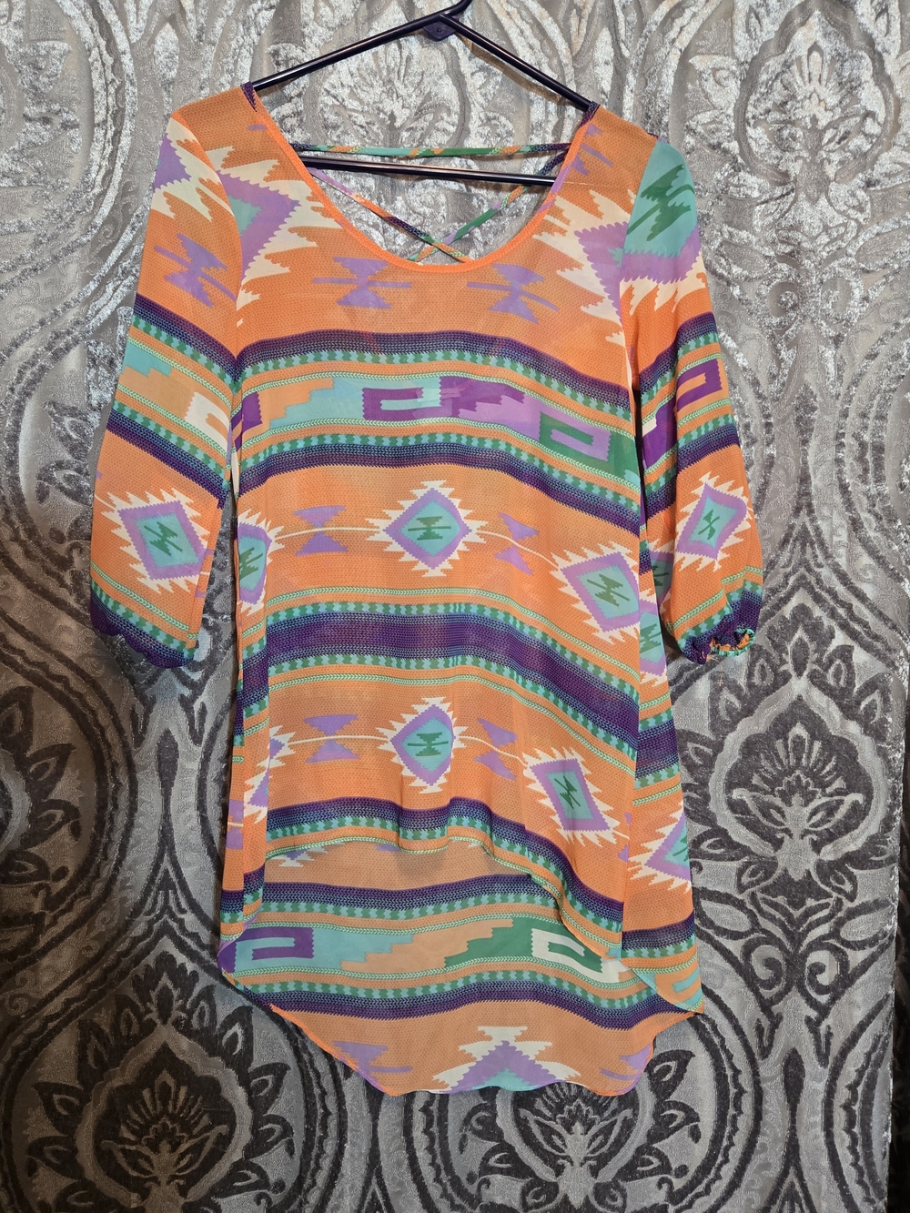 Daytrip Orange Aztec-Pattern Tunic with Green & Purple Accents